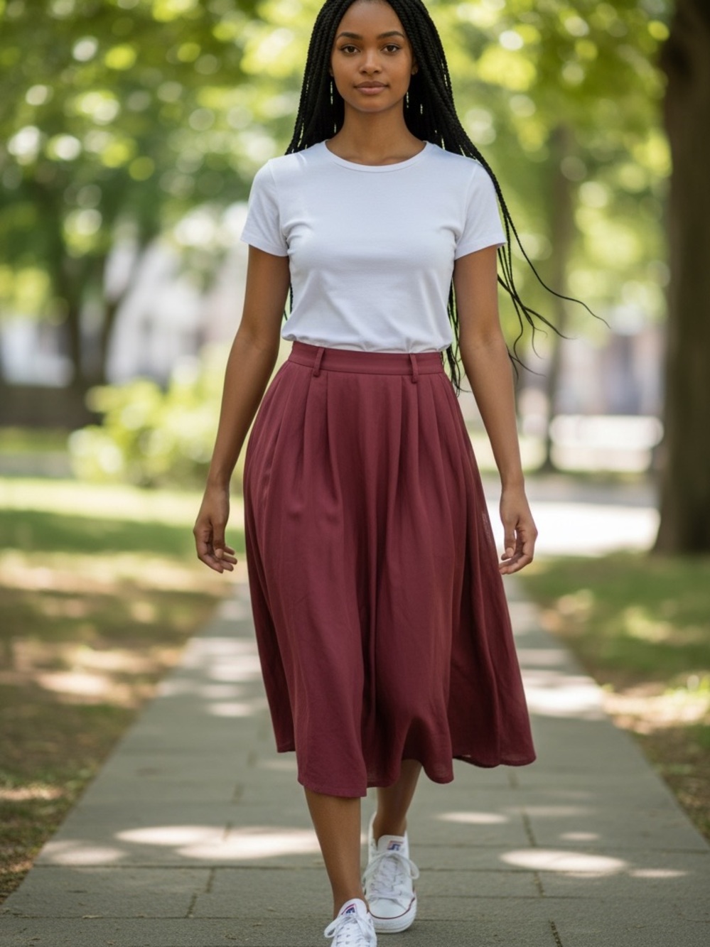 High-Waist Midi Skirt in Wine Red